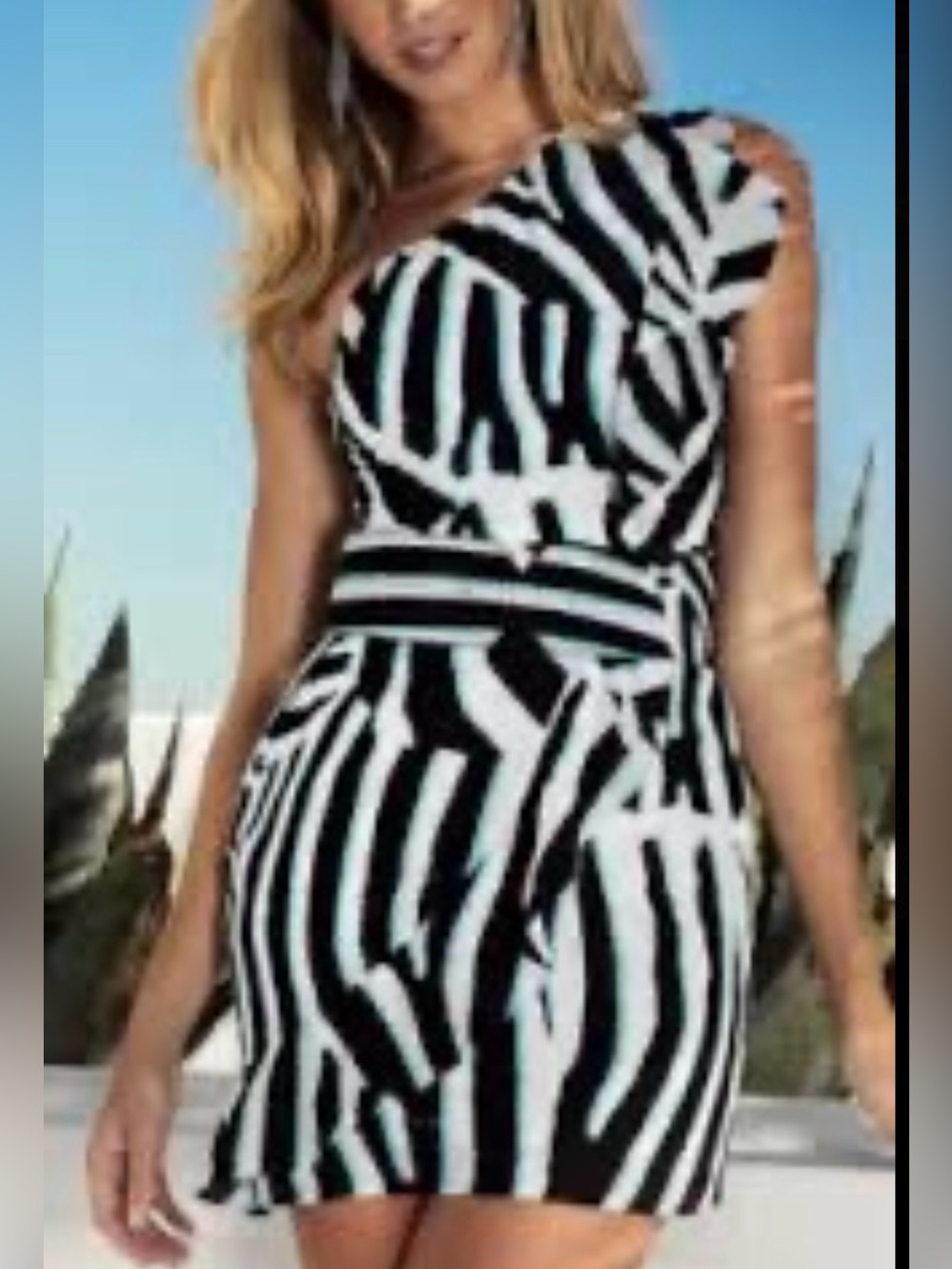 Marciano by Guess One Shoulder Mini Dress Sz XS Ruffle Animal Print Asymmetrical